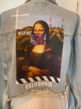 Trip Cropped Distressed Denim Jacket Mona Lisa Art Back Oversized S/M